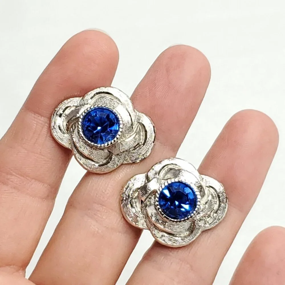 Vintage Swank Rhinestone Cufflinks Silver Tone Blue Sparkles